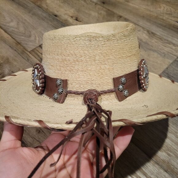 Red Star Riggings Palm Leaf Straw Hat Sz 7-1/8 Brown Leather Band Star Western - Picture 8 of 13